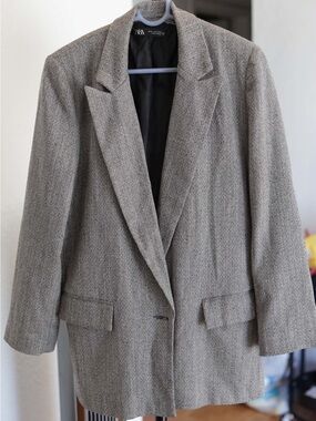 Zara Gray Herringbone Tailored Blazer Jacket